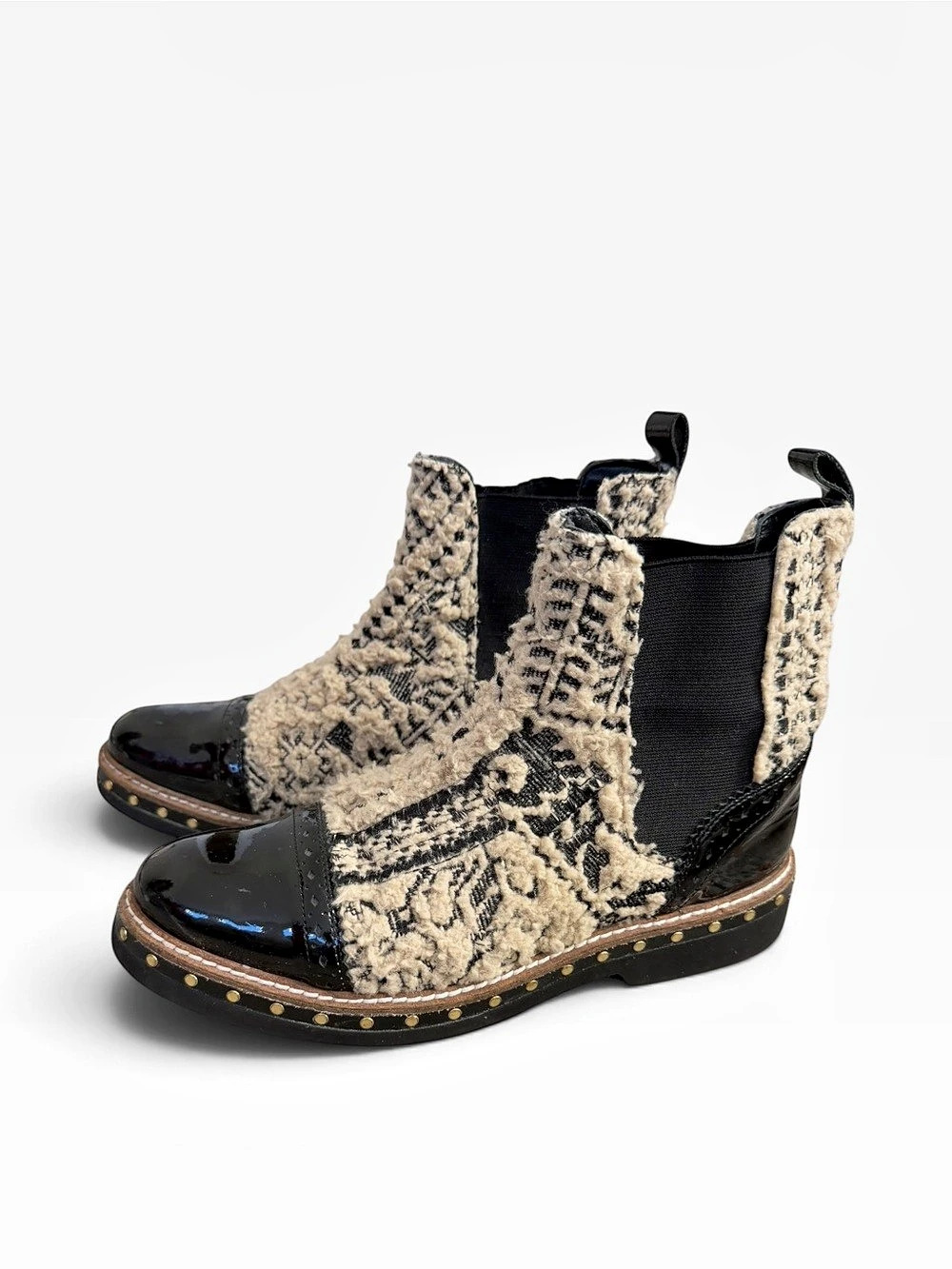 Free People Atlas Chelsea Boot Black/Cream Textile Upper/Patent Leather 38/7.5 - Picture 2 of 12